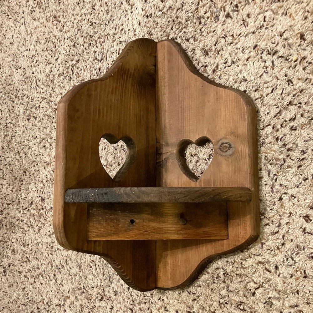 VTG 90s Wooden Heart Cutout Corner Wall Shelf Pegs Cottagecore Farmhouse Rustic
